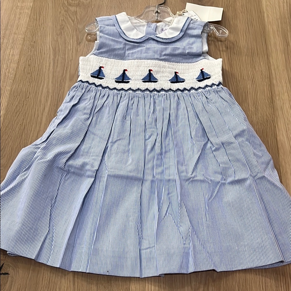Blue Striped Kids Dress with Embroidered Detail